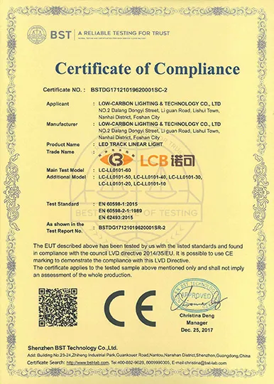CE LVD safety certificate for LL0101 linear track light