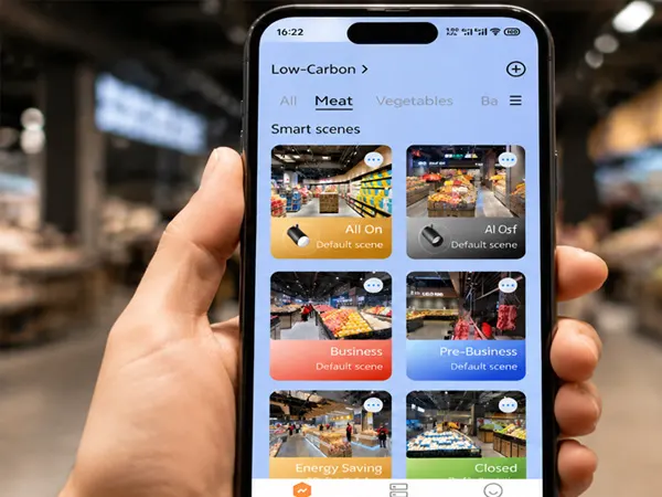 Mano che tiene uno smartphone con le scene smart dell'app Low-Carbon per il controllo BEAM-TR
