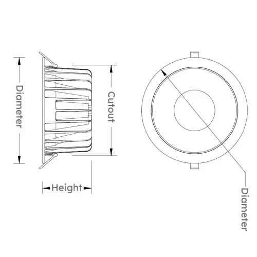 DL01-HE downlight dimension drawing with 105 to 200mm cutouts for retail ceilings