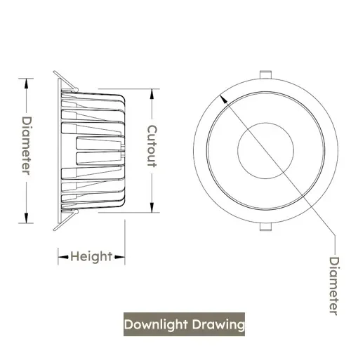 White GLOW-D DL01 10-30W downlight housing dimensions and ceiling cutout drawing