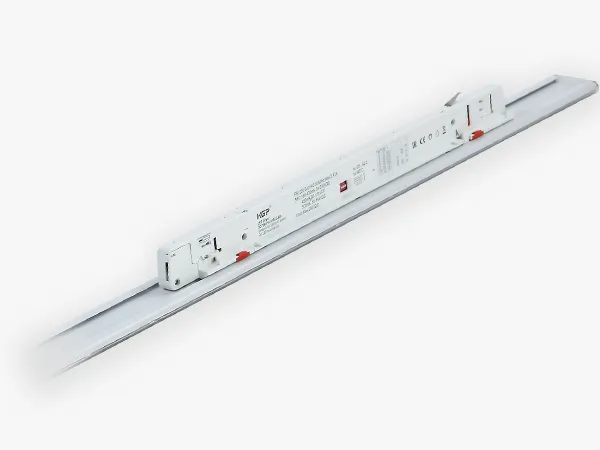 Matte white TRON-N LL1617 CCT and power selectable linear track light on 4-wire track in shop