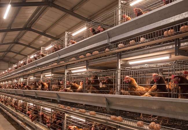 DURA-P SF01 tubular lights under tiers in a layer hen house