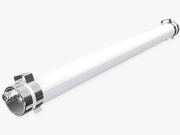 White DURA-P SF01 tubular light with stainless end caps for chicken houses