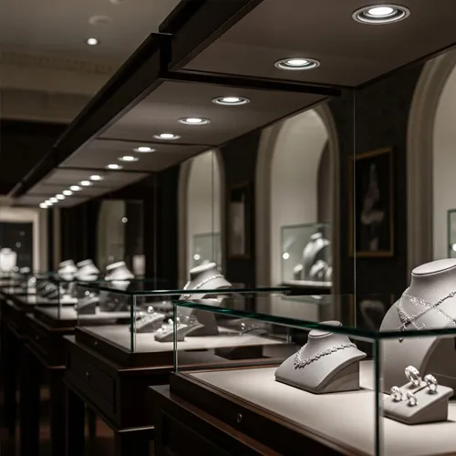 Recessed SP01 jewelry counter spotlight highlighting rings under glass