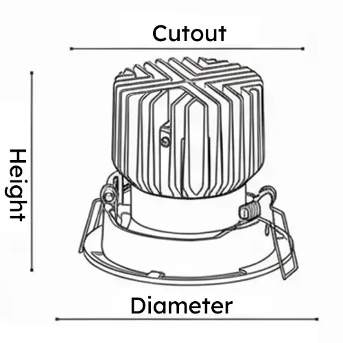 KOLA-S SP01 recessed spotlight dimensions drawing with cutout sizes 55 to 135mm