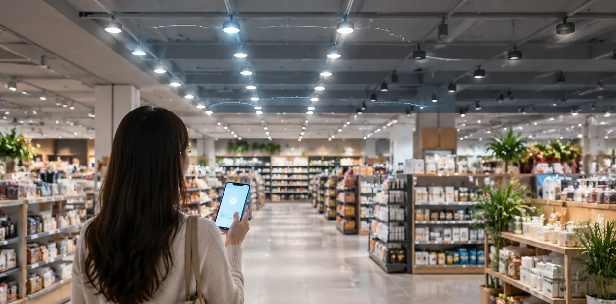 Smartphone pairing downlights into retail scenes on an open Bluetooth mesh