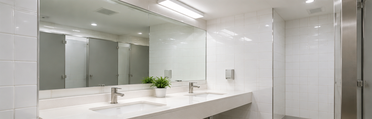 Rectangular bulkhead above bathroom mirror on emergency circuit