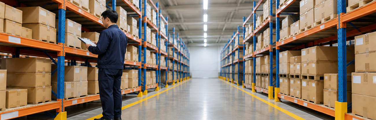 Linear high bay in warehouse aisle glowing during mains failure test
