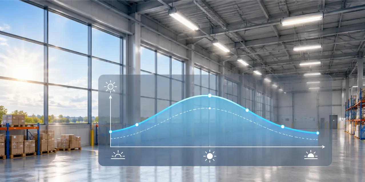 Daylight harvesting curve showing DALI dimming tracking window lux in a warehouse