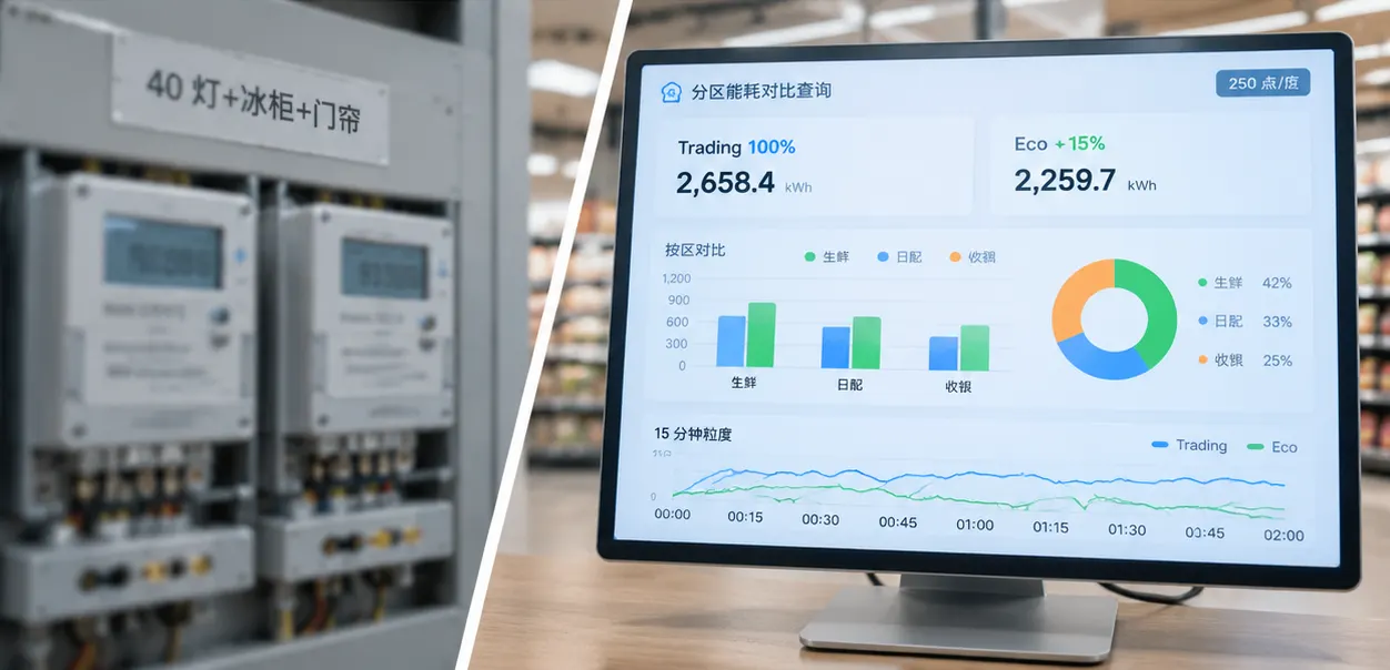 Retail chain energy dashboard aggregating DALI D4i per-luminaire energy by store and zone