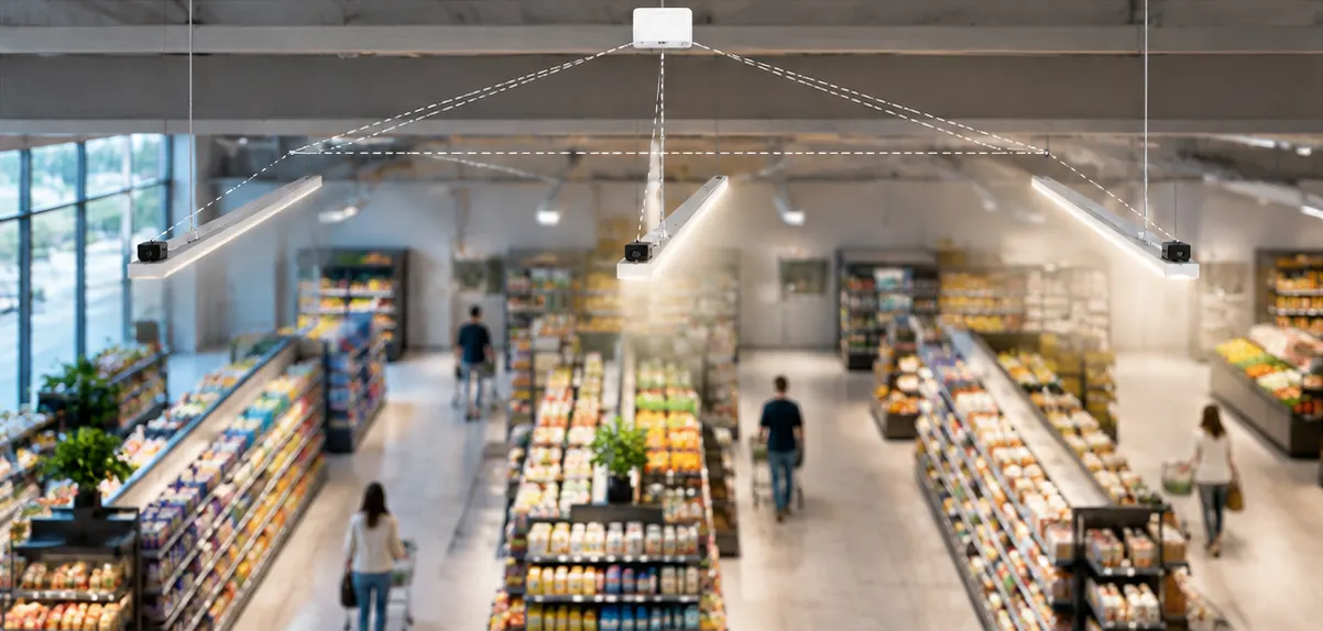 BLE mesh daylight harvesting supermarket aisle with per-fitting sensors trimming electric light