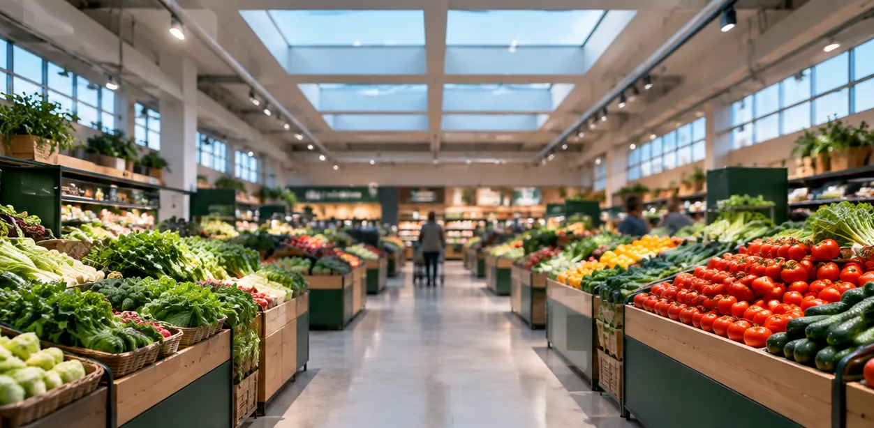 Supermarket produce hall under linear skylight with daylight harvesting over fresh counters