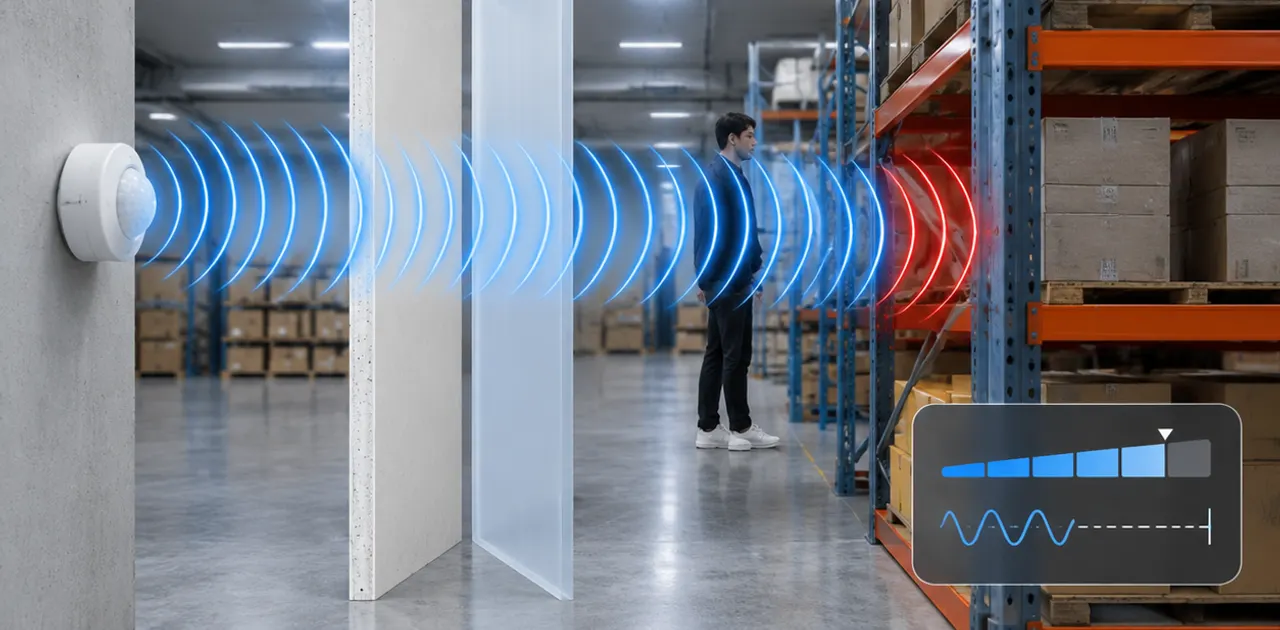Microwave sensor Doppler through thin wall showing detection and wall penetration for warehouse