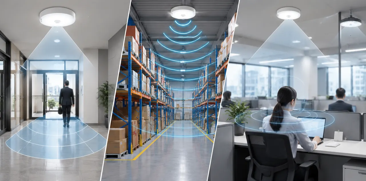 PIR vs microwave vs presence sensor guide for commercial lighting with bulkhead and high bay