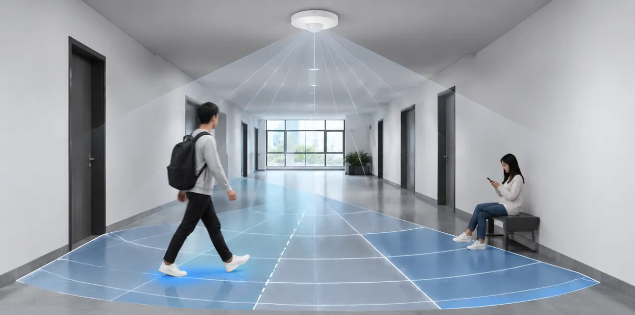 Presence sensor mmWave breathing detection holding lights on a seated office worker
