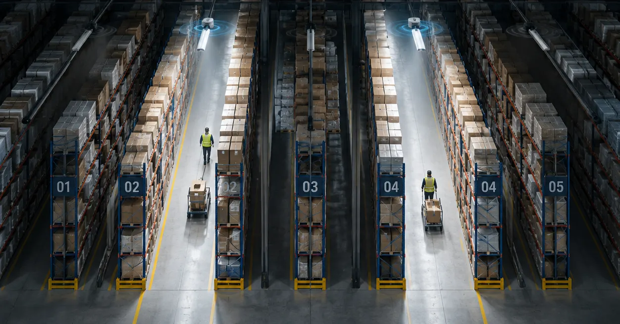 FORT-A DALI linear high bay in warehouse aisle with occupancy sensor for commercial lighting
