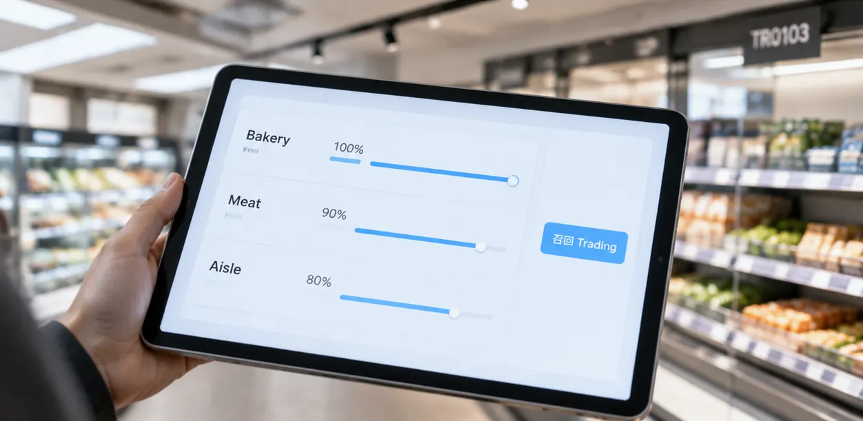 Dimming schedule app showing per-zone sliders for bakery meat and aisle zones