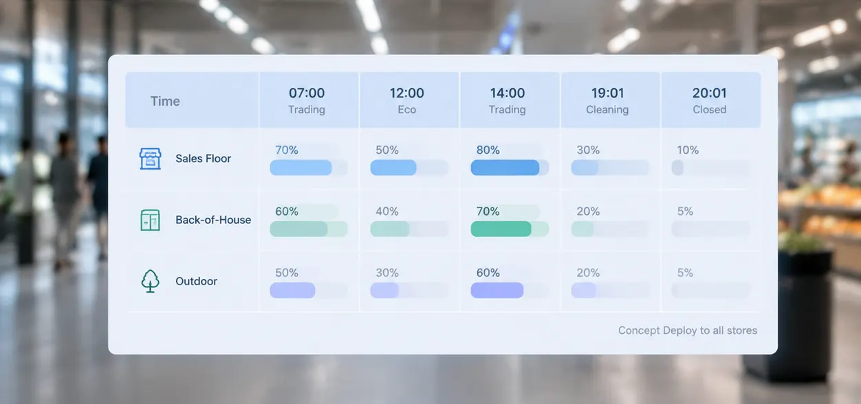 Retail lighting scene schedule table with 5 scenes across day and 3 independent zones for chain stores