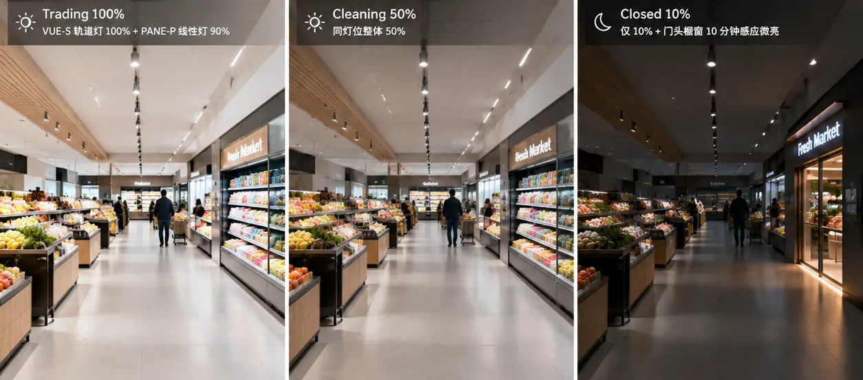 Retail lighting scene scheduling guide cover with supermarket aisle at Trading 100% brightness