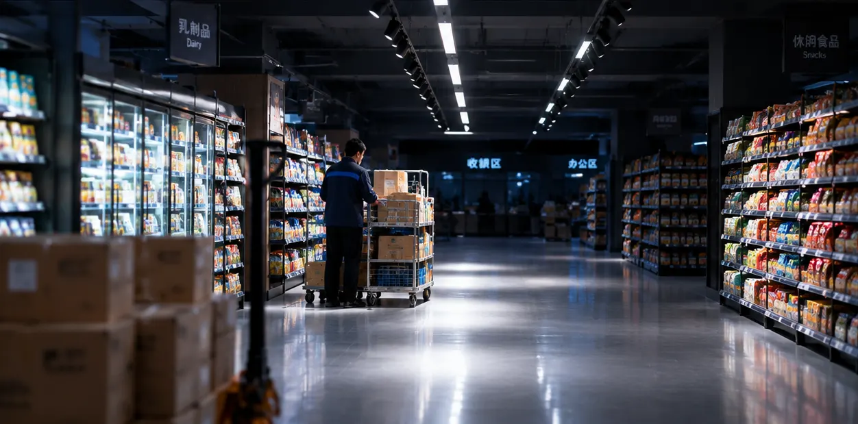 Night stocking scene with aisle lift cluster around cart and 30% nearby for supermarket