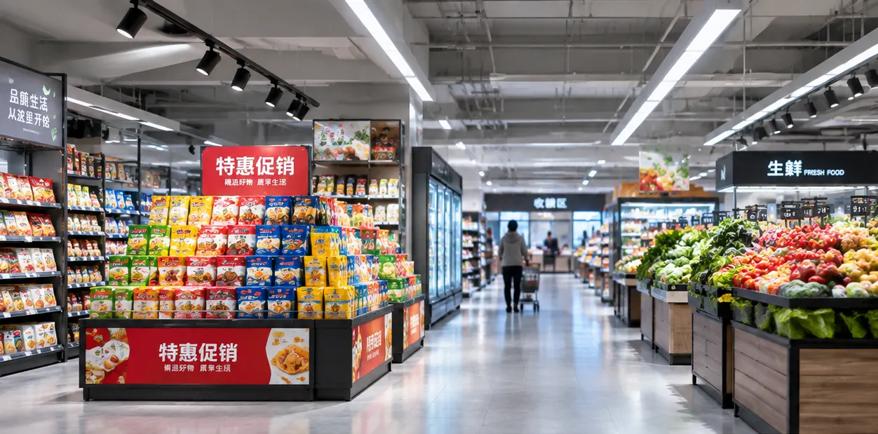 Supermarket trading floor at 100% with track accent and linear ambient for scene scheduling