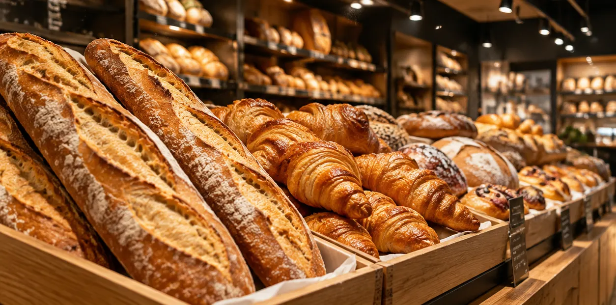 Bakery warm spectrum with golden crust bread under 2700K fresh food light