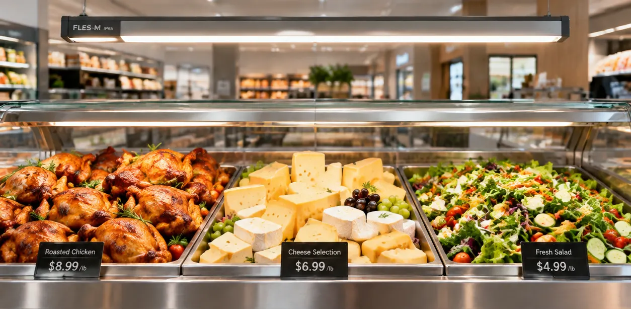 Deli prepared food under balanced spectrum display bar with IP65 housing