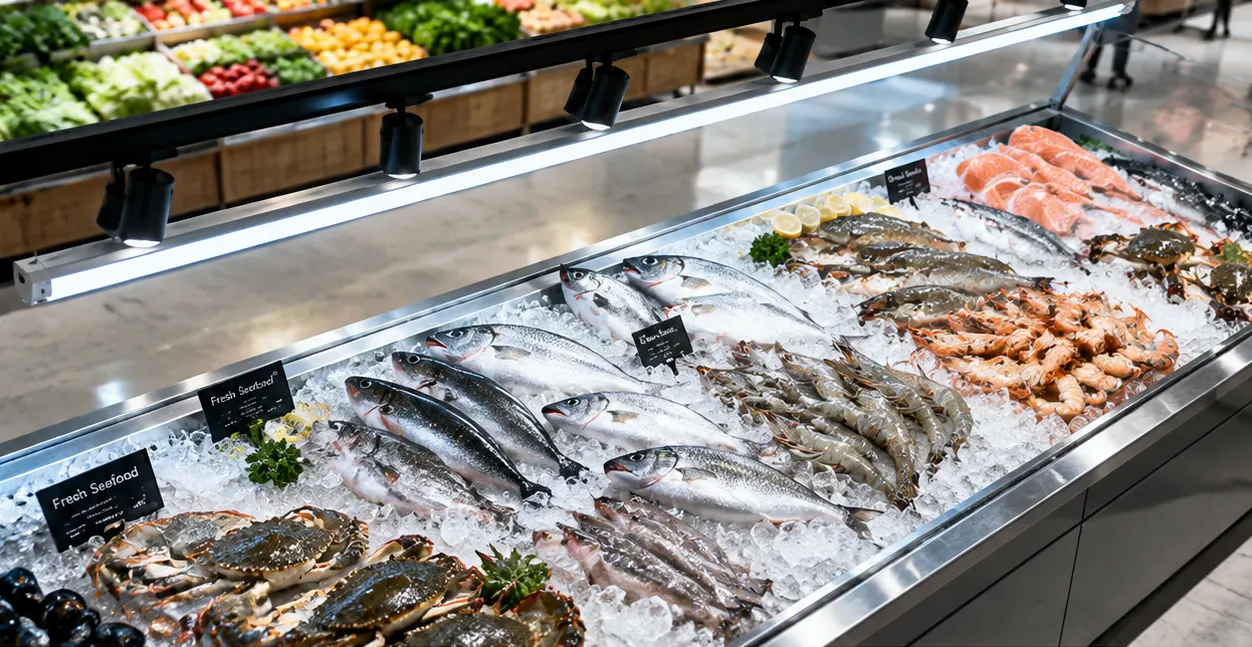Seafood cool spectrum with fish on ice under 4000K fresh food light