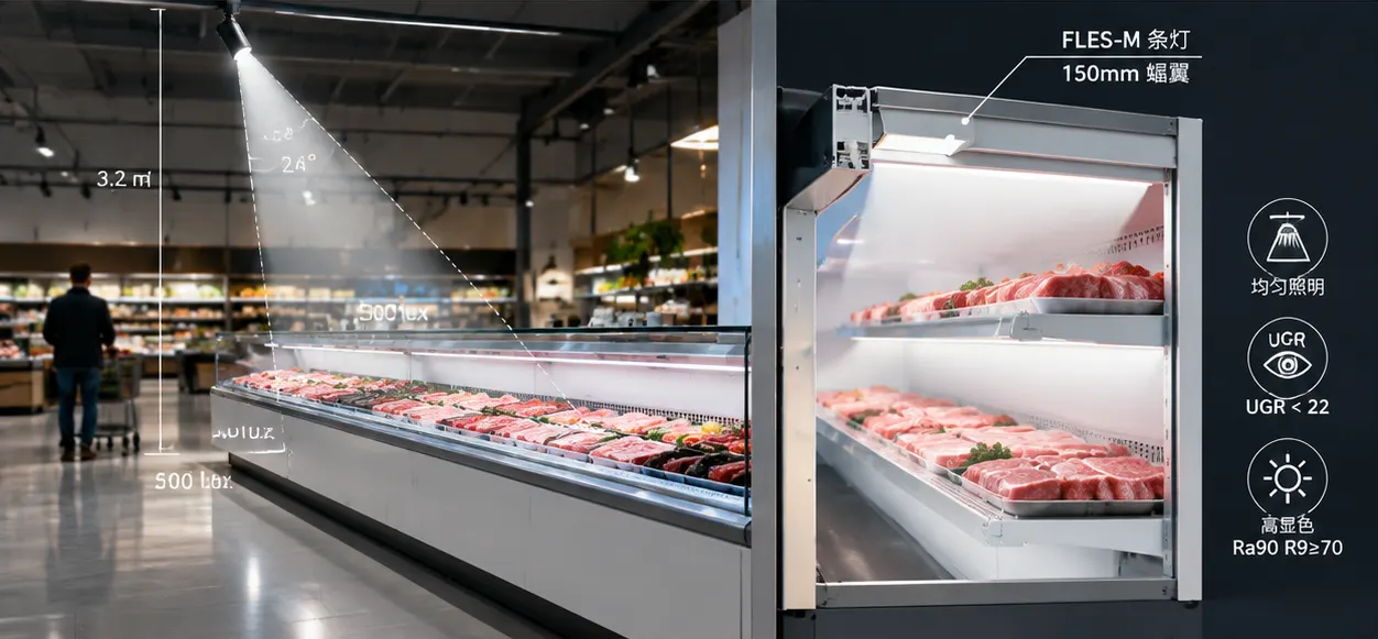Track overhead versus case bar layout showing height throw and uniformity for fresh food counters