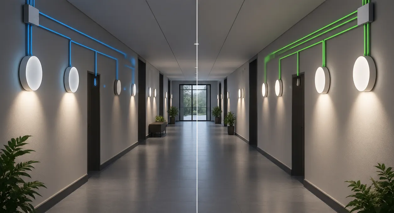 AQUA-D sensor bulkhead in a corridor illustrating 0-10V and DALI grouping zones