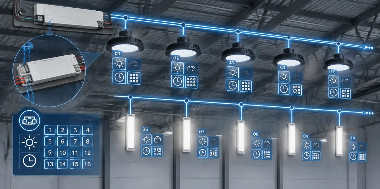 DALI digital bus driver showing 64 addresses and 16 scenes per line