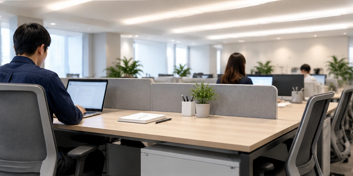 Low glare linear office lighting running continuous lines between workstations