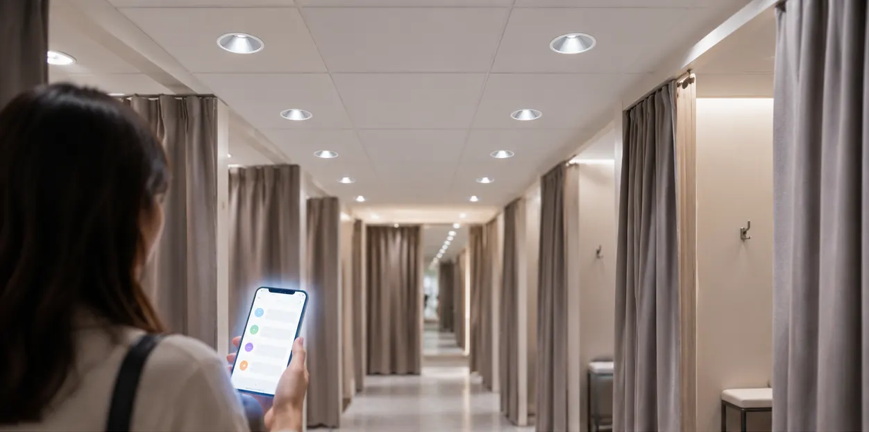 Fitting room zone of BLE mesh downlights grouped by phone during a live refit