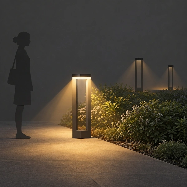 Sand Black CORN-H compact-head bollards edging a villa pool walkway at dusk