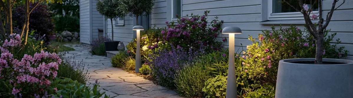Grey mushroom path lights lining a stone garden path at dusk