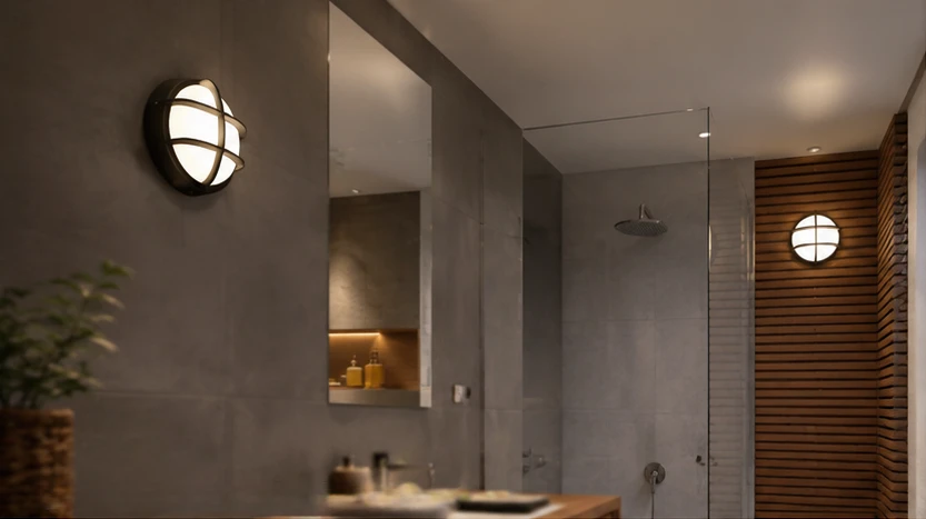 AQUA-D waterproof bulkhead above bathroom mirror and tiles