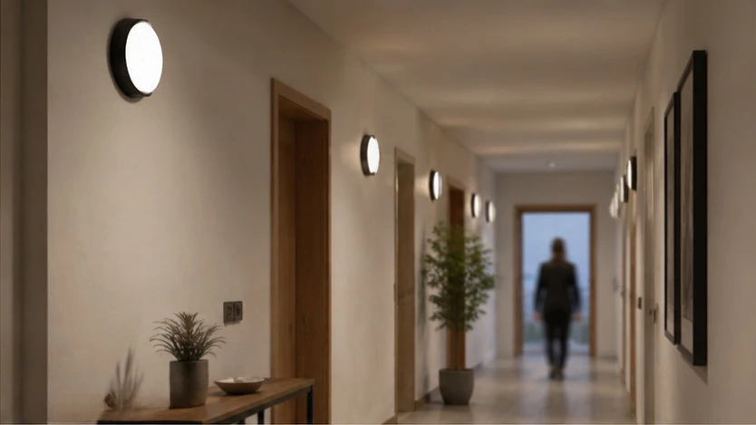 AQUA-D sensor bulkheads spaced along hotel corridor ceiling