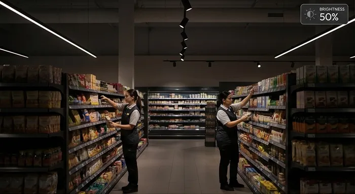 BLE pre-open dimming scene with low brightness before store opening