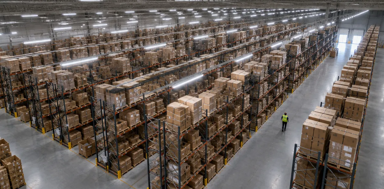 Warehouse racking overview lit by calculated linear high bays